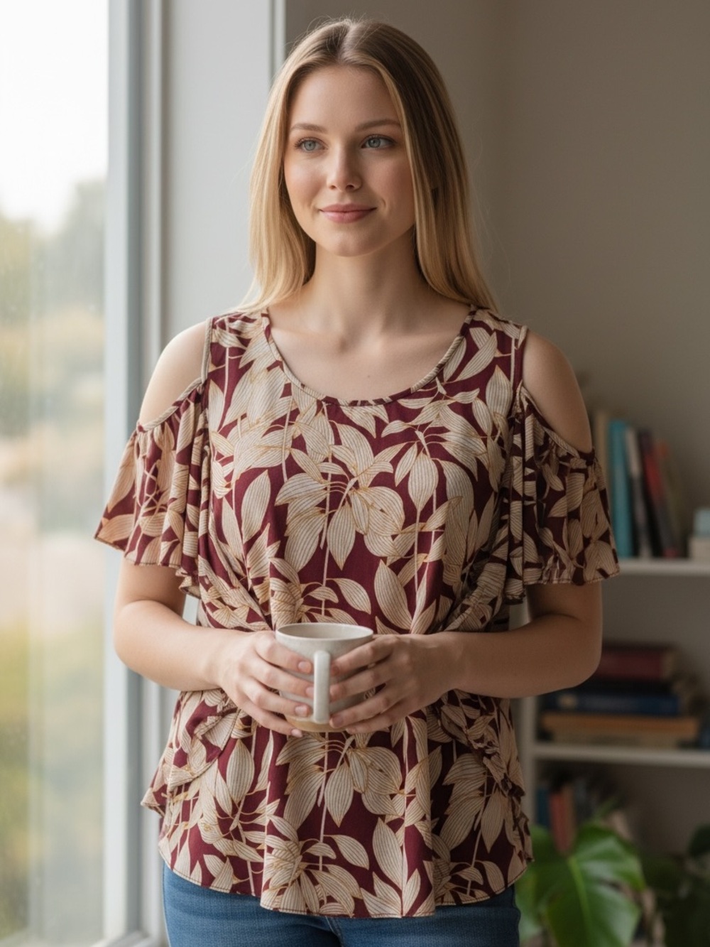 Worthington Red Flutter Sleeve Blouse Ruffled Relaxed